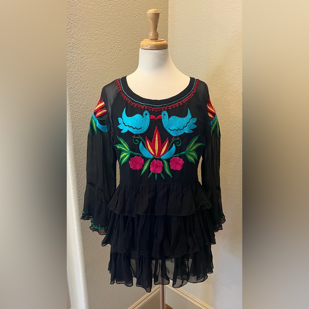 ROJA Western Black Boho Embroidered Floral Sheer Tunic Dress S